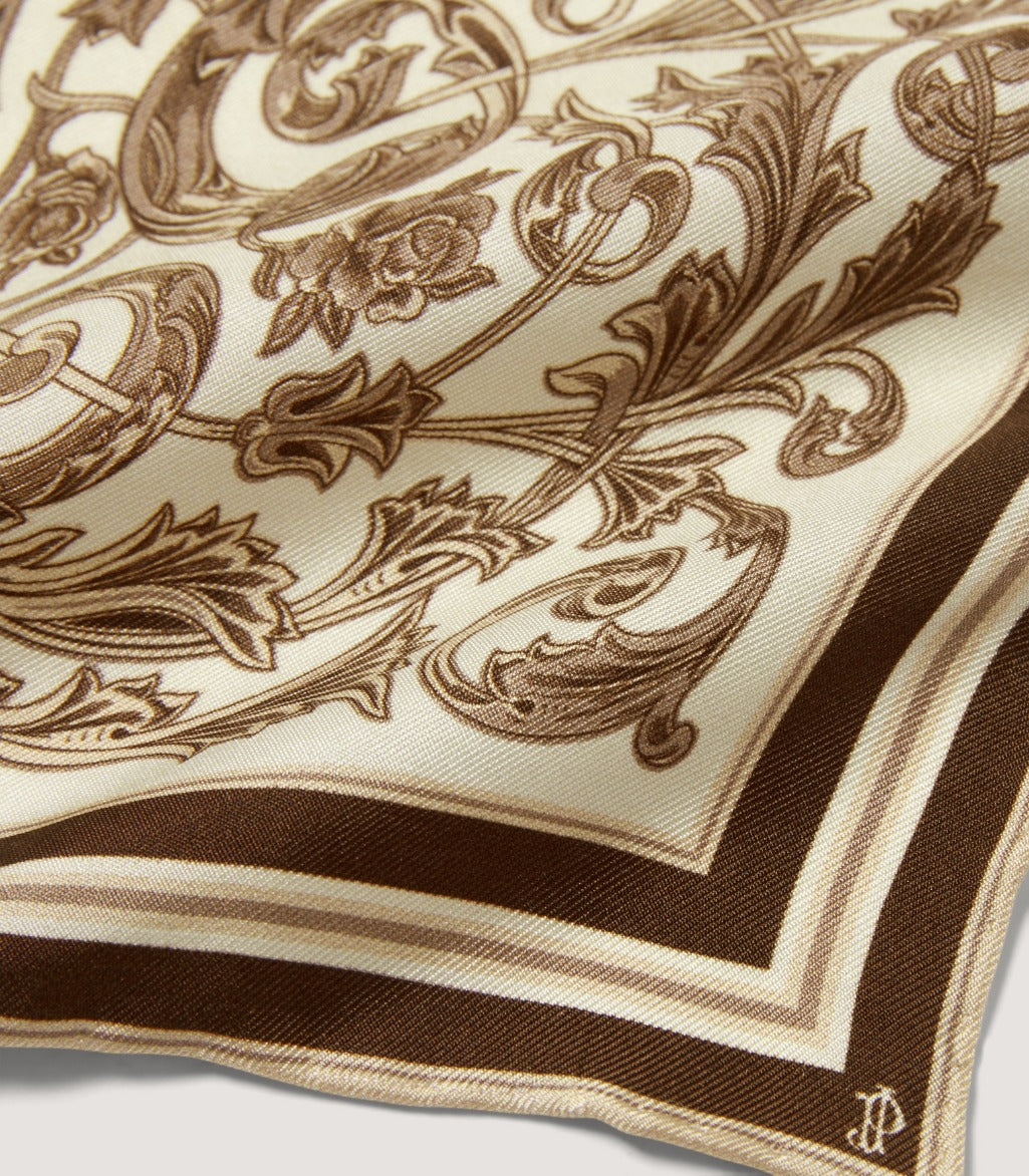 Rose and Scroll Pocket Square in Beige