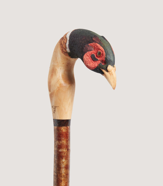 Hand Carved Cock Pheasant Apple Walking Stick
