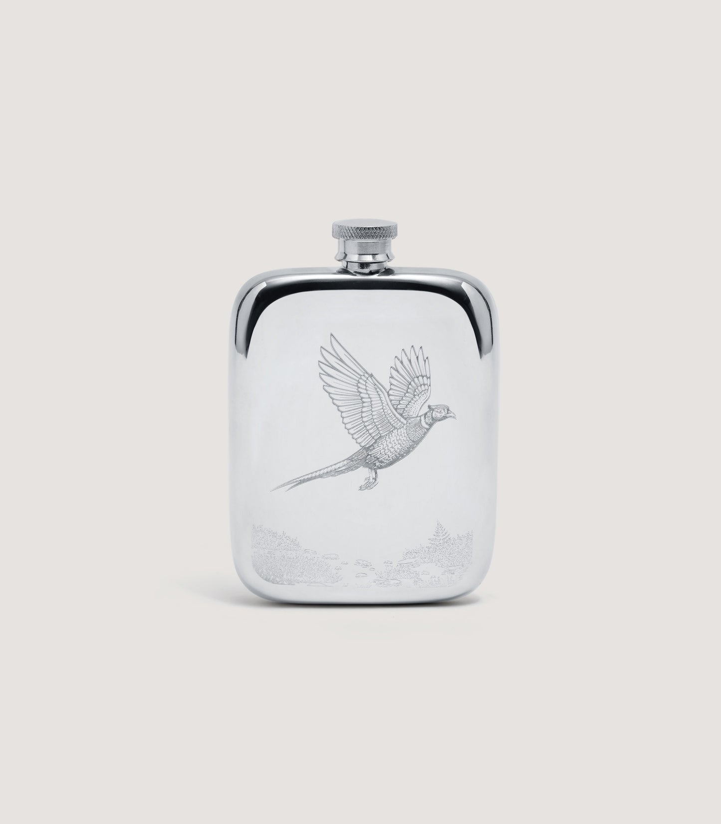 Square Pheasant Landscape Engraved Pewter Flask