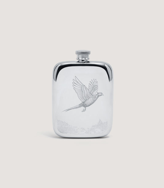 Square Pheasant Landscape Engraved Pewter Flask
