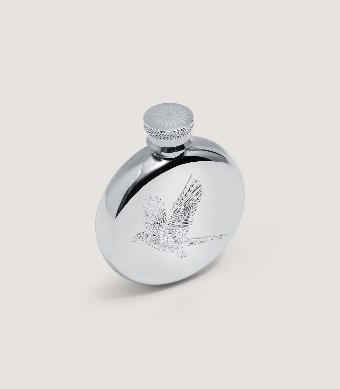Small Round Pheasant Engraved Pewter Flask