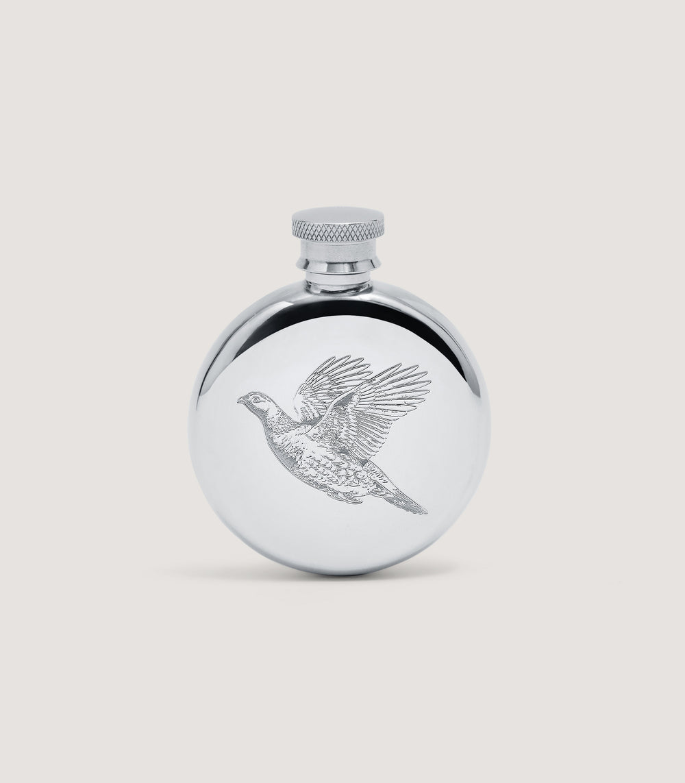 Small Round Grouse Engraved Pewter Flask