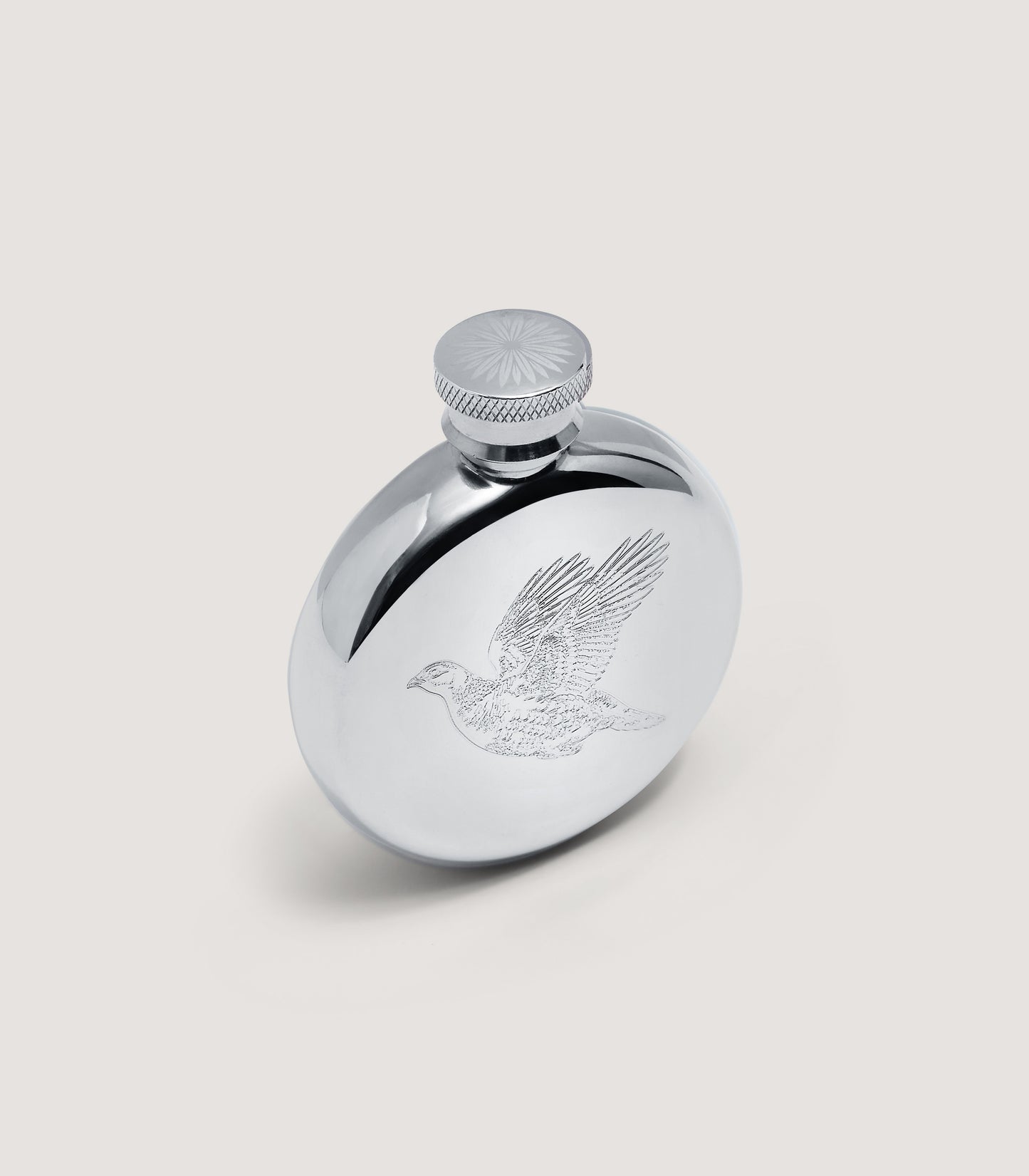 Small Round Grouse Engraved Pewter Flask