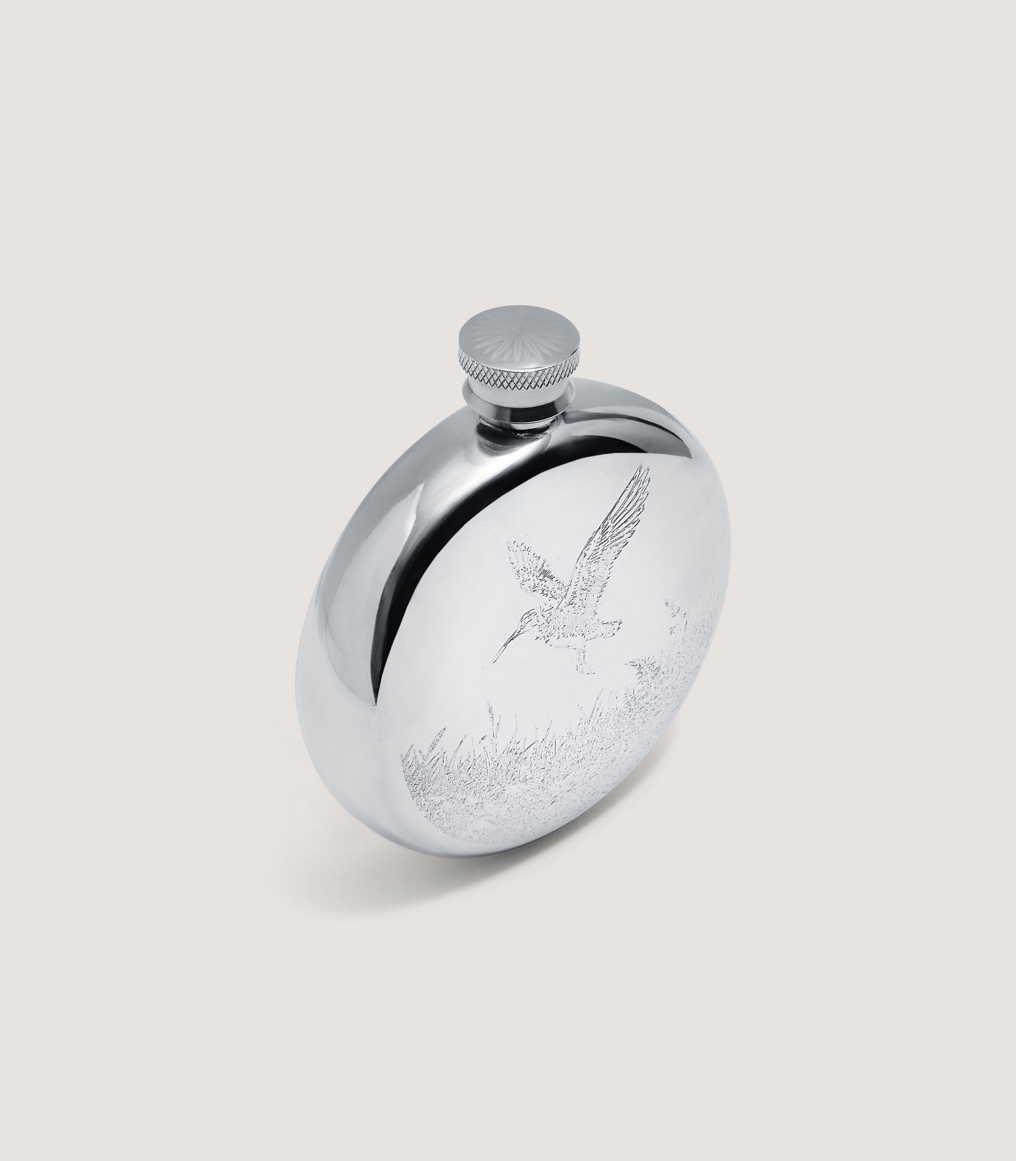 Round Woodcock Landscape Engraved Pewter Flask