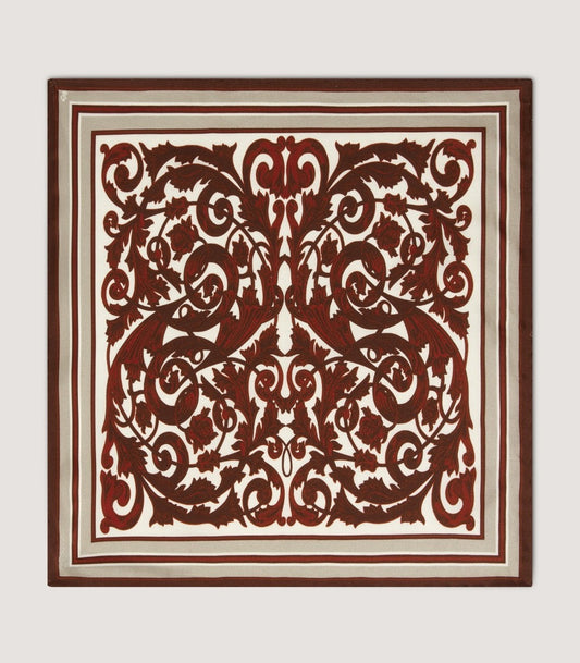 Rose and Scroll Pocket Square in Audley Red
