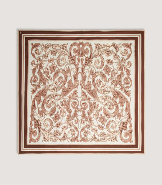 Rose and Scroll Silk Scarf in Taupe