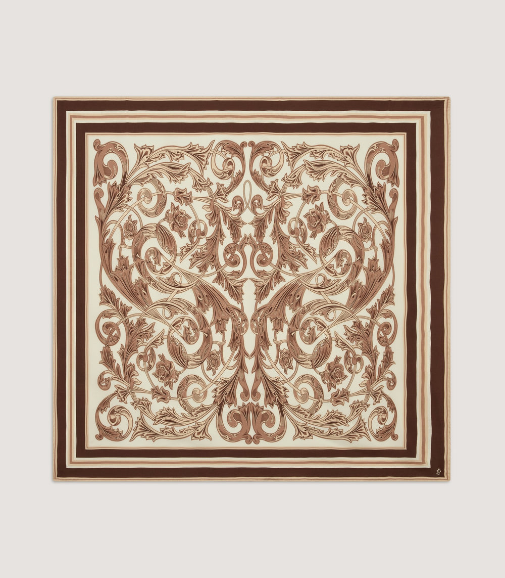 Rose and Scroll Silk Square Scarf in Beige