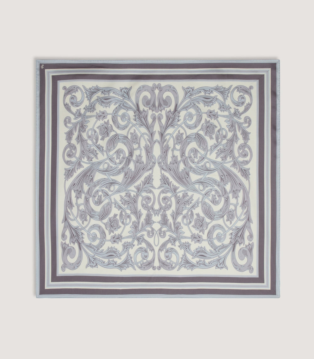 Rose and Scroll Silk Square Scarf in Steel