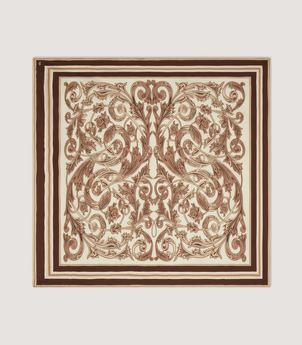 Rose and Scroll Silk Square Scarf in Beige