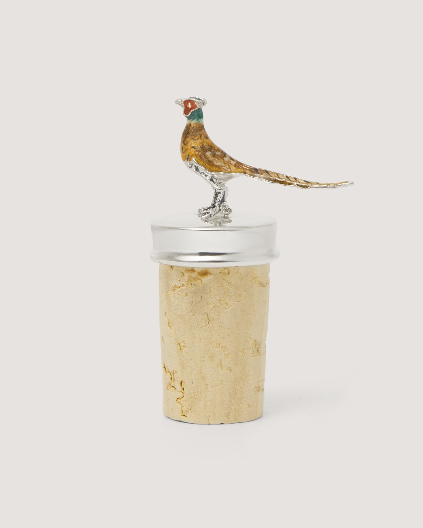 Enamelled Pheasant Bottle Stopper in Silver