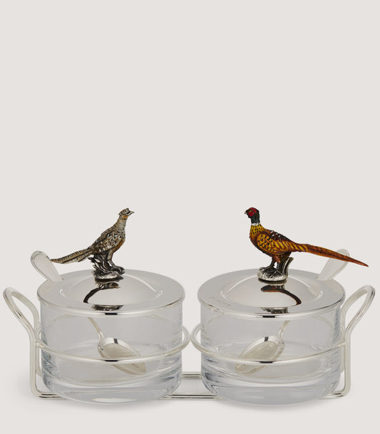 Condiment Pots With Enameled Pheasants In Silver