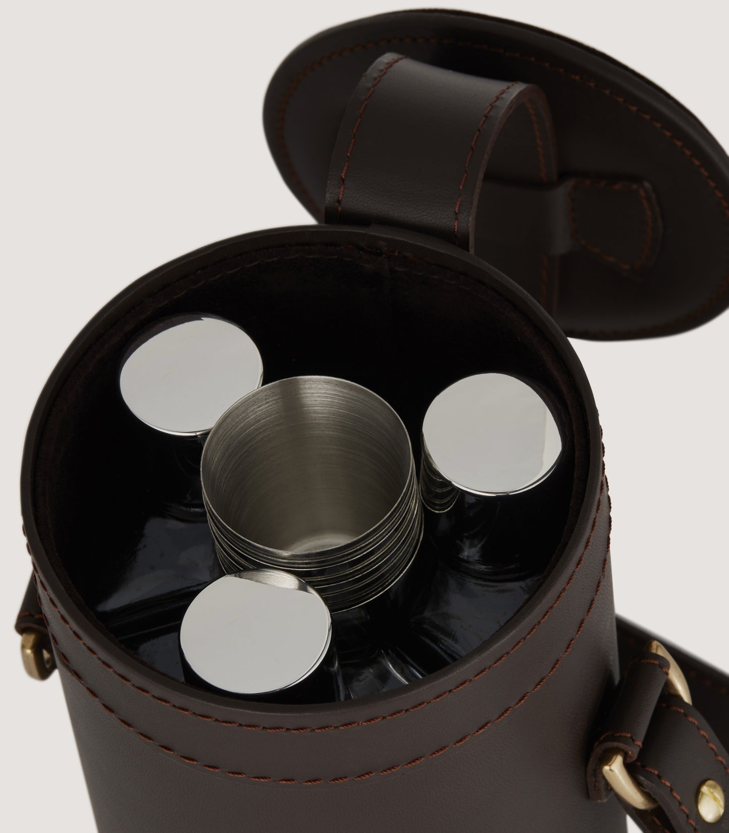 Leather Cased Triple Flask & Position Finder Set In Purdey Havana